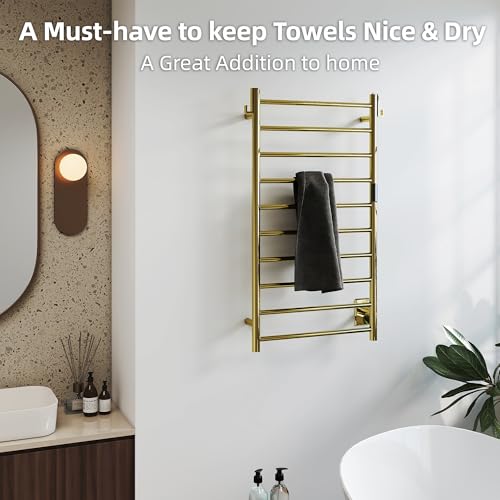 P&Dlusir EL13 Heated Towel Rack, Polished Gold, 10 Bar | Fast Heat in 2 Min, Smart Timer, Thermo Control, Memory Functoion, Stainless Steel, Hard-Wired/Plug-in - color: Polished Gold, size: 21.65"W x 39.37"H