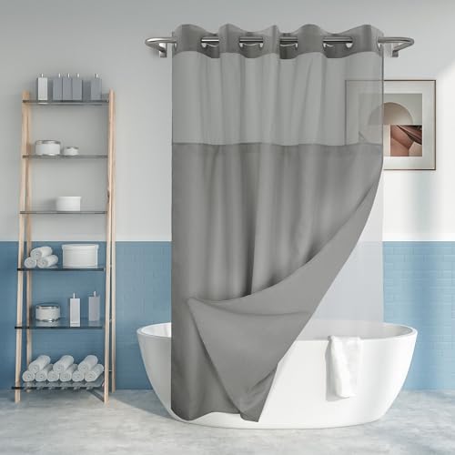 River Dream No Hook Shower Curtain with Snap-in Liner Set, Dark Gray, 71x74 | Snap on/off Waterproof PEVA Liner, See Through Top Window, Slub Textured, Hotel Style Shower Curtain Set, Standard Size - color: Dark Gray, size: 71"W x 74"L (Pack of 1)