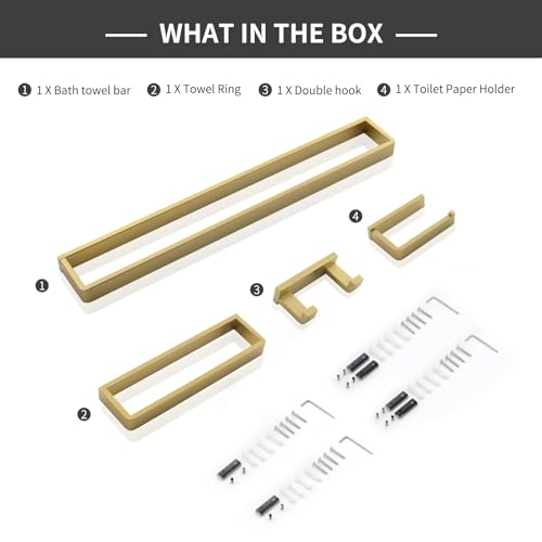 Bathroom Hardware Accessories Set Brushed Gold Towel Bar Set Square Bathroom Accessories Kit 4-Piece Towel Holder Set Stainless Steel Wall Mounted,23.6 Inch Towel Bar - color: Brushed Gold