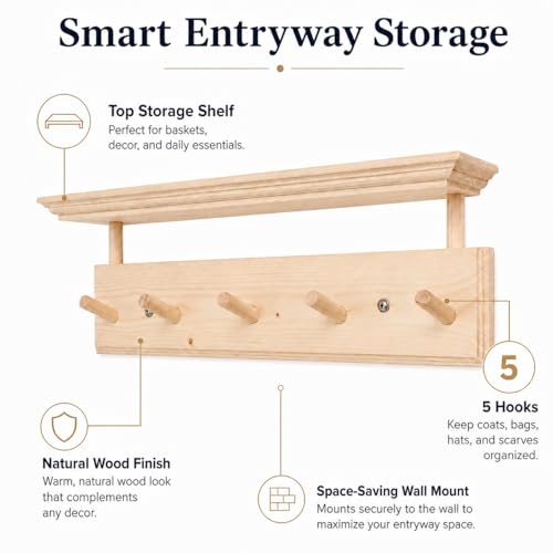 Matías Coat Rack Wall Mount with Shelf, 18 Inch Solid Wood Peg Rail, Wall Mounted Coat Rack with 5 Hooks, Wall Mount Shelf for Entryway, Bathroom or Bedroom (Natural Wood) - color: natural wood