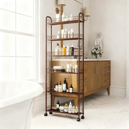 6in 6-Tier Slim Storage Cart with Wheels, Metal Narrow Rolling Shelf, Sturdy Slim Storage with Hooks Ideal for Kitchen, Bathroom, and Laundry Room (Champagne Gold) - size: 6in Champagne Gold