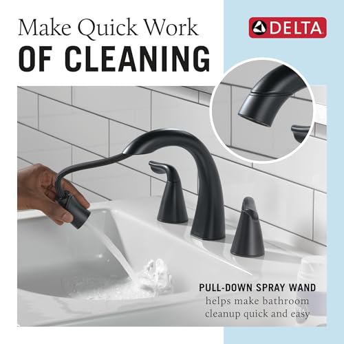 Delta Arvo Matte Black Bathroom Faucet with Sprayer, 8 Inch 3 Hole Widespread Bathroom Sink Faucet with Pull Out Sprayer, Push-Pop Drain, Matte Black 35840LF-BLPD - color: Matte Black