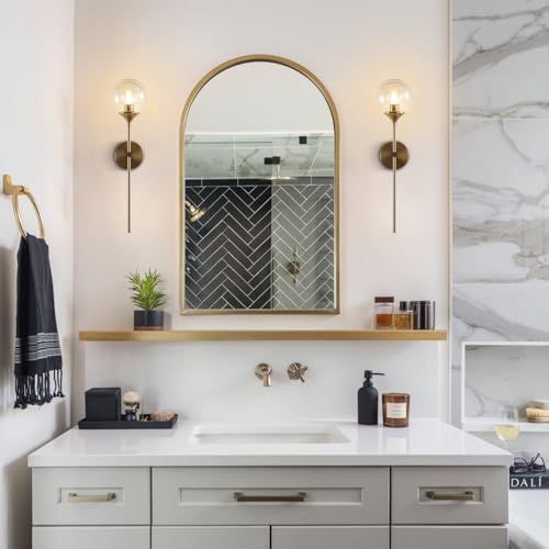 KCO 2 Pack Modern Brass Gold Amber Glass Globe Wall Sconce with Long Rod | E26 Base, Up/Down Mounted, Hardwired Mid Century Wall Light Fixture for Bedroom Reading Bathroom Vanity Hallway Living Room - color: Amber