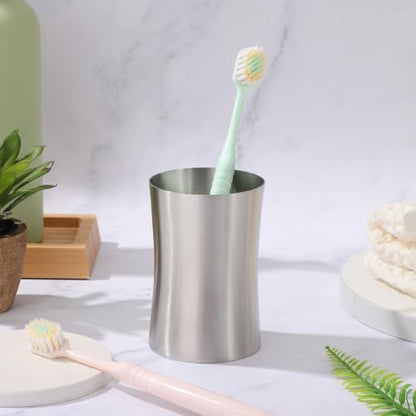 Stainless Steel Bathroom Cup, Silver Metal Toothbrush Tumbler Cup for Bathroom Vanity Countertops Rinsing, Drinking, Storing Dental Accessories and Organizing Makeup Brushes