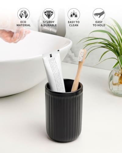 BosilunLife Ceramic Toothbrush Holder - 12oz Bathroom Toothbrush Holder Tooth Brush Holders Tumbler Cups Reusable Toothbrush Mouthwash Cup Small Toothbrush and Toothpaste Holder, Striped Black - color: Black-vsc, size: striped-cylinder