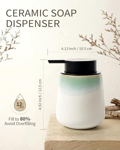 Bosilunlife 12Oz Ceramic Foam Soap Dispenser for Bathroom Kitchen Counter | Premium countertop foam pump creates delicate dense foam, stable desktop placement, Blue-Green Rim - color: Blue-green Rim