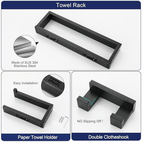 Matte Black Bathroom Accessories, Toilet Paper Holder, Towel Bar and Hook | Lairuier 3 Pieces Bathroom Hardware Set, SUS304 Stainless Steel Towel Holder Set Toilet Paper Holder Robe Hook Wall Mounted - color: Matte Black