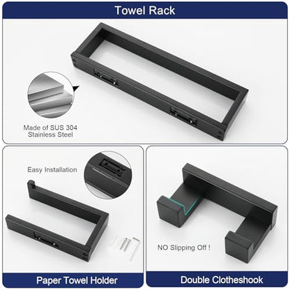 Matte Black Bathroom Accessories, Toilet Paper Holder, Towel Bar and Hook | Lairuier 3 Pieces Bathroom Hardware Set, SUS304 Stainless Steel Towel Holder Set Toilet Paper Holder Robe Hook Wall Mounted - color: Matte Black