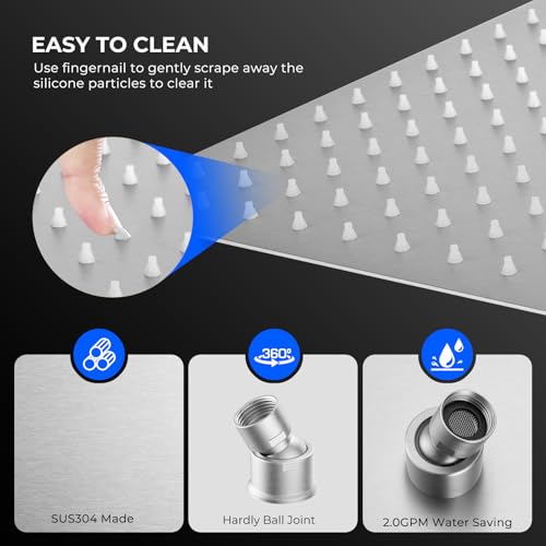 12 Inch Rain Shower Head, 12" Square Rainfall & High Pressure Stainless Steel Bath Shower Head, 1/16" Ultra Thin, Waterfall Full Body Coverage with Silicone Nozzle, Polished Chrome - color: Brushed Nickel, size: 12 Inch