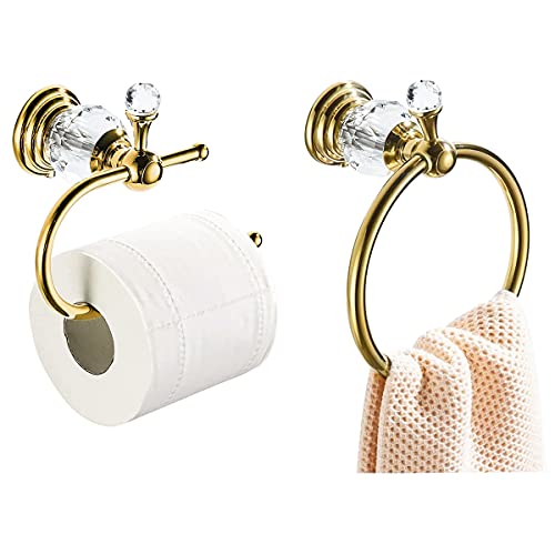 WOLIBEER Crystal Towel Ring, Gold Toilet Paper Holder Hand Towel Holder Towel Hook Tissue Roll Paper Holder Wall Mounted Towel Hanger 2 Pieces Sets - color: Gold