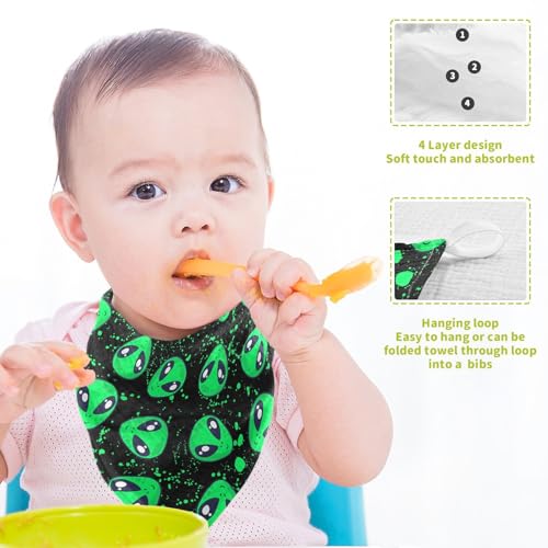 Baby Green Alien Muslin Washcloths 3 Pack - Muslin Burp Cloths Hanky Large 11.8"X11.8" Extra Soft Absorbent Baby Burp Rags for Newborn 100% Cotton for Boys Girls Gift - size: one sizex3