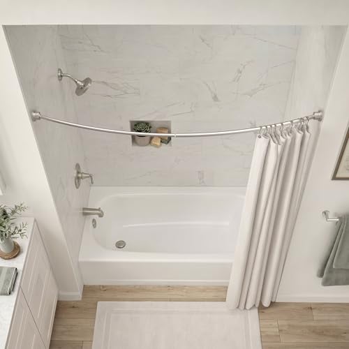 Gatco 827SN Modern Minimalist Curved Shower Rod Set, 42"-72", Satin Nickel | Wall Mount Adjustable Length Stainless Steel Shower Curtain Rod | Expands Shower Space Up To 8 Inches - color: Satin Nickel