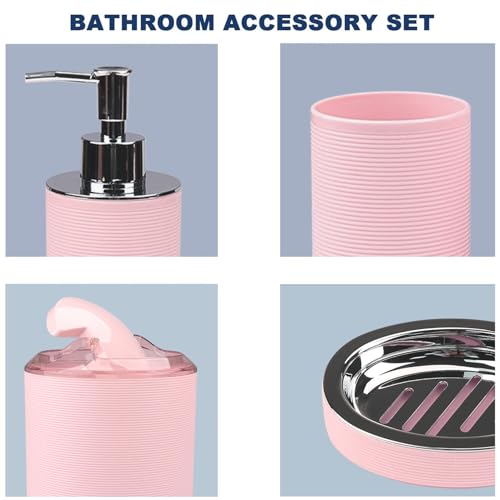 CERBIOR Bathroom Accessories Set Bath Ensemble Includes Soap Dispenser, Toothbrush Holder, Toothbrush Cup, Soap Dish for Decorative Countertop and Housewarming Gift (Pink Spiricle) - style: Blush Pink