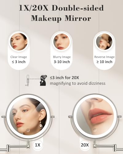 20X 9" Wall Mounted Magnifying Makeup Mirror with Light Height Adjustable | 5000mAh Double Sided Rechargeable LED Lighted Vanity Mirror with Magnification 3 Color Light up Extended Arm 360 Rotation - color: 9inches-brushed Nickel
