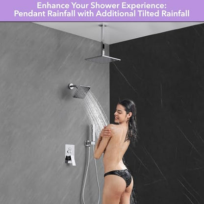 VANFOXLE Shower Faucet Set Chrome Shower System, Push Button Diverter | 10 Inch Ceiling Mount Rain Head, 6 Inch Wall Mount Head, 2-in-1 Handheld Sprayer, Solid Brass Valve, Rust Resistant - color: Chrome, style: 10"+6" Head