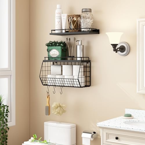 Bathroom Shelves Over Toilet Wall Mounted Floating Shelves with Wire Basket and Hooks Metal Shelf Organizer for Bathroom, Bedroom, Living Room, Kitchen, Home Storage