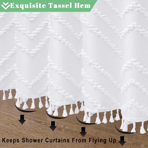 Extra Long White Boho Shower Curtain, Chic Tufted Chevron Striped Textured Cloth Fabric Shower Curtains with Tassel for Bathroom, Soft Hotel Style Farmhouse, Machine Washable, 72x96 - color: White, size: 72"W x 96"L (Pack of 1)