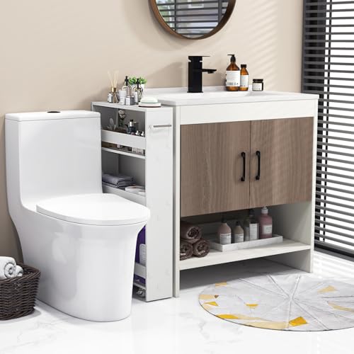 COSTWAY Slim Rolling Storage Cart, 4-Tier Rolling Utility Cart, Wood Kitchen Storage Cart with Handle & Wheels, Narrow Rolling Shelving Unit for Kitchen Bathroom Laundry Small Places (Plain White) - color: Plain White