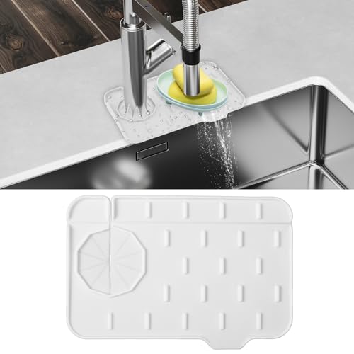 Dimeho Sink Faucet Splash Guard Mat Silicone Soap Dish Pad Small Faucet Handle Drip Catch Sponge Holder Sink Protector Trays for Bathroom Kitchen Countertop Gadgets Accessories 8.3 x 5.7 Inch - color: White