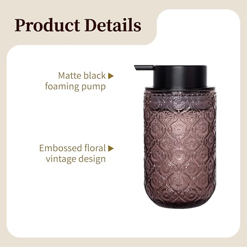 13.5 oz Glass Soap Dispenser, Luxurious Floral Embossed Glass Bathroom Countertop Foaming Pump for Kitchen Vanity (Pink) - color: Pink