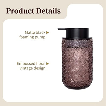 13.5 oz Glass Soap Dispenser, Luxurious Floral Embossed Glass Bathroom Countertop Foaming Pump for Kitchen Vanity (Pink) - color: Pink