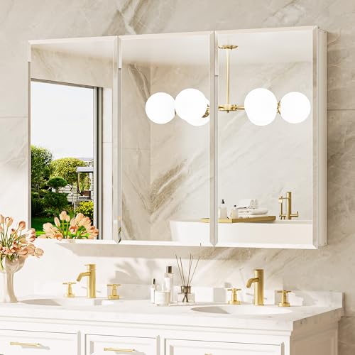 TokeShimi 48 x 32 Medicine Cabinet with Mirror, Assembly Required, Tempered Beveled Mirror, White Recessed Medicine Cabinet, Stepless Adjustable Shelves, Recessed/Wall Mounted - color: White, size: 48x32 in