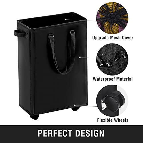 45L Slim Rolling Laundry Basket with Wheel & Adjustable Long Handles, Black | Small Laundry Baskets with Mesh Top, Narrow Dirty Clothes Hamper for Bedroom, Closet, and Bathroom - color: Black - Rolling, size: 45L