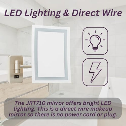 JERDON Hardwired Wall-Mount Makeup Mirror - 5X/1X - Nickel - JRT710NLD | 6.5" x 9" Rectangular Frame, LED Lighting, Direct Wire Install - color: Nickel Direct Wire