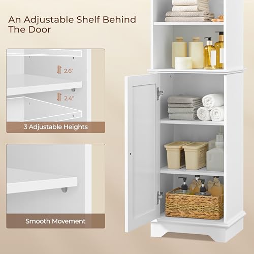 Yaheetech Tall Narrow Bathroom Storage Cabinet with Door and Shelves, White | Linen Closet for Towels, Toiletries and Laundry, Open Display Shelves, Hidden Adjustable Shelf, MDF, 60''H x 16''W x 12''D - style: 1 Door + 3 Open Compartments