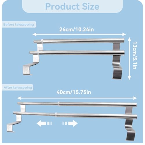 Kitchen Retractable Towel Holder, Stainless Steel Adjustable Double Over Cabinet Door Drying Kitchen Towels Hanger Bar Rack for Homes, Apartments, Condos Bathroom or Kitchen