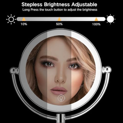 Wall Mounted Makeup Mirror with Magnification, 8" 1X/10X Magnifying Mirror Wall Mounted for Bathroom, 3 Color Light, Touch Dimmable, 360° Swivel, Extendable Arm, 2-Sided, Plug-in & Hardwire