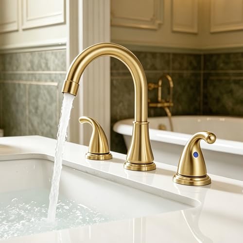 Bathroom Sink Faucet FRANSITON Centerset 8 Inch 2 Handle Bathroom Sink Faucet Lead-Free with Pop-up Drain Stopper and Supply Hoses (Brushed Gold, 8 Inch) - color: Brushed Gold