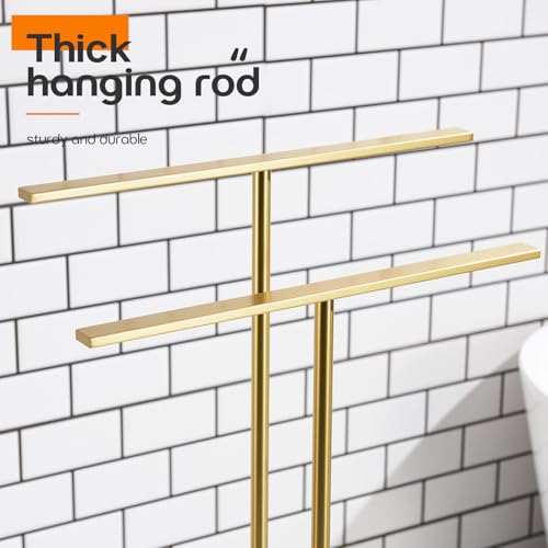 Standing Towel Racks for Bathroom 2-Tier Towel Holder Free Stand with Heavy Marble Base Brushed Gold Thicken Steady Design Stainless Steel AN7005GD - color: Brushed Gold