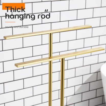 Standing Towel Racks for Bathroom 2-Tier Towel Holder Free Stand with Heavy Marble Base Brushed Gold Thicken Steady Design Stainless Steel AN7005GD - color: Brushed Gold
