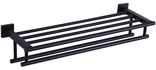 Angle Simple Bathroom Towel Shelf with Double Bar, Matte Black 23.62 Inches | Stainless Steel, 2-in-1 Versatile Bath Towel Holder Rack with Shelf, Ample Storage Space, Screw Mount - color: Matte Black, size: 23.62-Inch