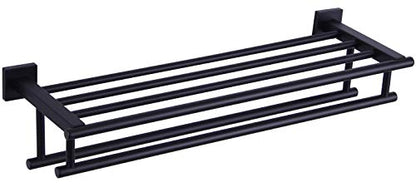 Angle Simple Bathroom Towel Shelf with Double Bar, Matte Black 23.62 Inches | Stainless Steel, 2-in-1 Versatile Bath Towel Holder Rack with Shelf, Ample Storage Space, Screw Mount - color: Matte Black, size: 23.62-Inch