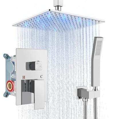 Aolemi Ceiling Shower Faucet Set with Handheld 10" LED Head Polish Chrome | Handheld Spray,10 Inch Rain LED Head,Shower Valve and Trim Kit,All Metal,Ceiling System,Bathroom Mixer - color: Chrome, size: 10 Inch LED Shower Head