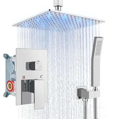 Aolemi Ceiling Shower Faucet Set with Handheld 10" LED Head Polish Chrome | Handheld Spray,10 Inch Rain LED Head,Shower Valve and Trim Kit,All Metal,Ceiling System,Bathroom Mixer - color: Chrome, size: 10 Inch LED Shower Head