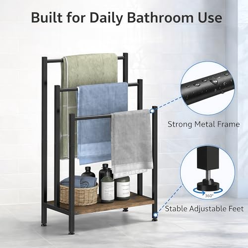 3 Tier Blanket Rack Stand, Freestanding Towel Rack with Wooden Shelf, 17.1" L x 11" W x 32" H, Quilt Display Stand for Bathroom, Bedroom, Living Room, Rustic Brown - color: Brown