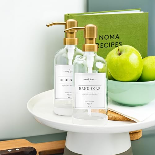 Vine Creations Glass Soap Dispenser, 2 Pack Kitchen Soap Dispenser Set with Stainless Steel Pump, 16 oz Dish Soap and Hand Soap Dispensers for Bathroom with Waterproof Labels (Clear) - color: Clear Bottle / Gold Pump