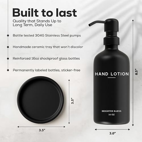 Black Glass Lotion Dispenser with Pump by Brighter Barns - Hand Lotion Dispenser Bathroom Set & Tray - Modern Bathroom Decor in Airbnb, Apartment Rental Properties, Guest House, Hotel Lobby (Black) - color: Black L