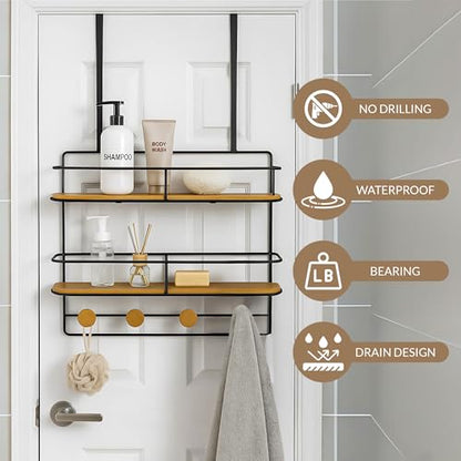 Over-the-Door Shower Caddy, Large 2-Tier Wooden Hanging Shower Shelves