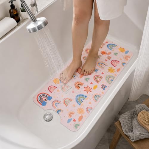 Cinrobiye Bath Mat for Tub Non Slip, 40 x 16 Inch Boho Rainbow Bathtub Shower Mat with Suction Cups and Drain Holes, Waterproof Machine Washable Bathroom Mat - color: Rainbow