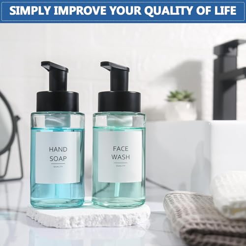 RYTOXILO Foaming Soap Dispenser, 10 oz/300ml Foaming Hand Soap Dispenser, 2 Pack Glass Foaming Soap Dispenser for Bathroom Kitchen, Clear Refillable Foam Soap Dispenser Bottle with Waterproof Labels - color: Clear Bottle, size: 10 Fl oz
