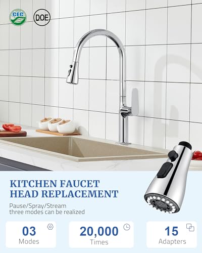 Kitchen Faucet Head Replacement, 15 Adapters, 3-Mode Pull Down Sprayer Head | 3 Functions Stream Spray Pause, Easy 5-Min Install, Pull Out Nozzle, Chrome, Compatible with Moen Delta Hansgrohe - color: Chrome