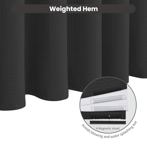 Inhousolu No Hook Shower Curtain with Removable Snap-in Liner, Waffle Weave 230 GSM Polyester, Weighted Hem, Water Repellent Washable, 72 x 78 Inch, Black - color: Black, size: 72"W x 78"L (Pack of 1)