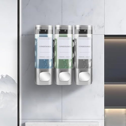 Shampoo and Conditioner Dispenser, 3 Chamber 300ml, Wall Mounted, Silver | Shower Soap Dispenser, Refillable Hand Soap Dispensers, Body Wash Dispenser for Bathroom, Kitchen, Hotel, Home - color: Silver, size: 3 Chamber