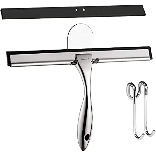 Ibergrif M34101 Shower Squeegees, Silicone Window Squeegee, Shower Cleaner for Window, Glass, Shower Door, Car Windshield, Include Shower Hooks, Stainless Steel