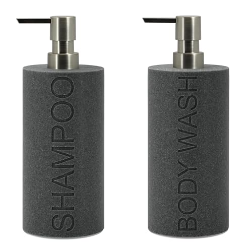 Resin 2 Pack Shampoo, Conditioner or Body Wash Dispenser Set, Luxurious Refillable Pump Bottles with Matte Pump Top and Embossed Text, Durable Design for Bathroom and Shower - color: Gray Shampoo & Body Wash
