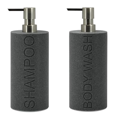 Resin 2 Pack Shampoo, Conditioner or Body Wash Dispenser Set, Luxurious Refillable Pump Bottles with Matte Pump Top and Embossed Text, Durable Design for Bathroom and Shower - color: Gray Shampoo & Body Wash